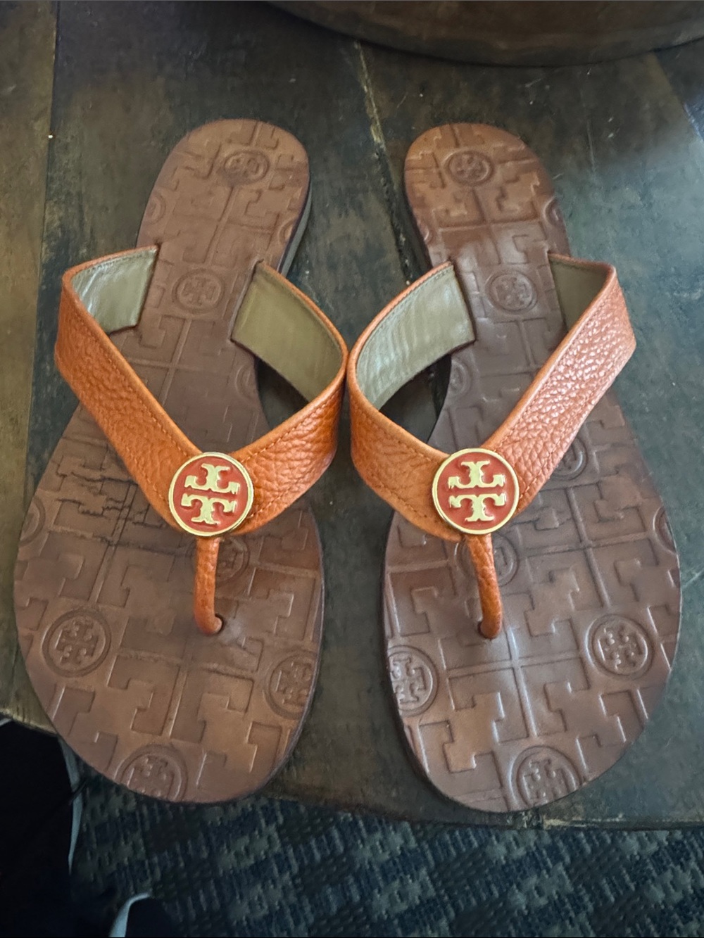 Tory Burch Orange Leather Logo Thongs with Brown Footbed